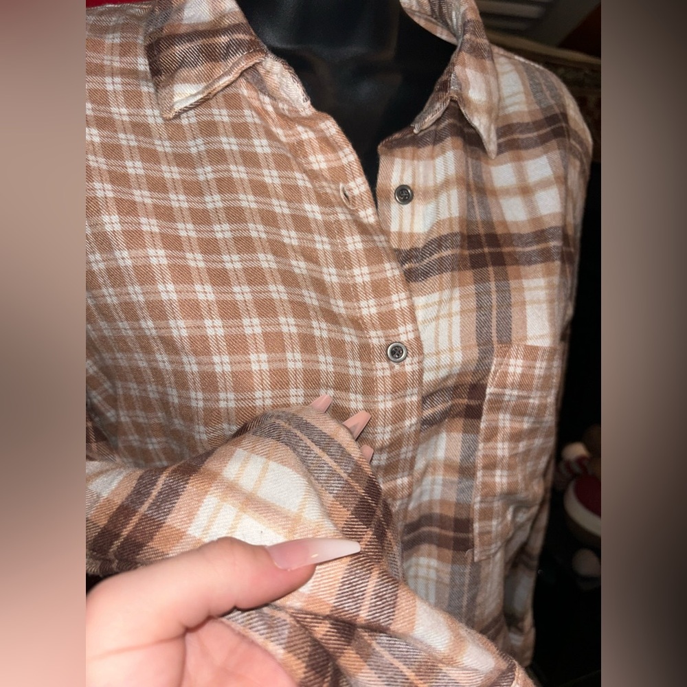 Extra Small Hippie Rose Mixed Plaid Pink-Beige Flannel Shirt